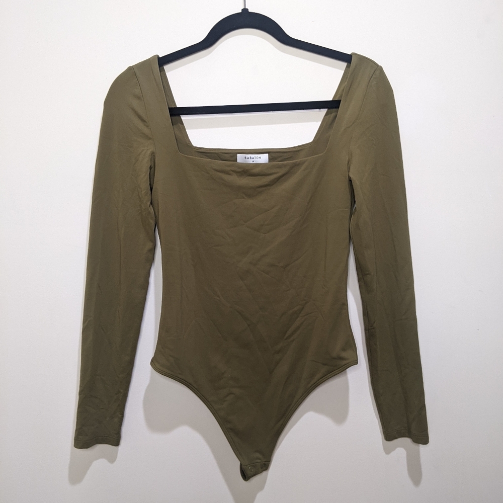 Aritzia Babaton Contour Green Olive Long Sleeve Square Neck Bodysuit Medium